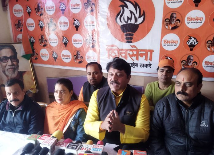 Shiv Sena J&K chief Manish Sahni addressing a press conference at Jammu.