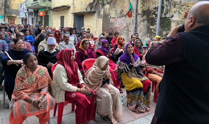 BJP vice president, Yudhvir Sethi addressing a public meeting at Lower Gummat on Saturday.