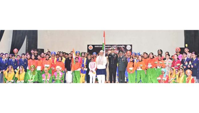 LG, Manoj Sinha posing with Army officers and students of Sainik School, Nagrota during Annual Day celebration on Wednesday.