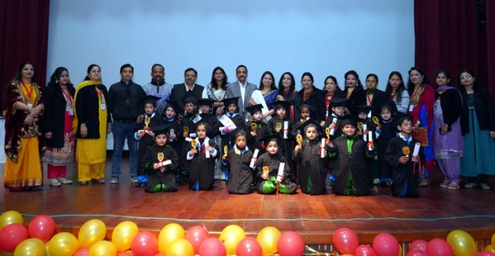 Students of Daffodils Care Convent Play Way School posing with chief guests during annual day event on Saturday.