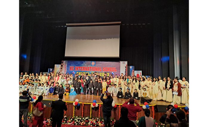 Students of KC International School posing during 15th Annual day cum prize distribution function at Jammu.