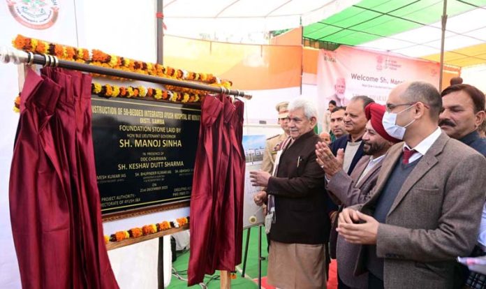 LG Manoj Sinha laying foundation stone for 50-bedded Ayush integrated hospital at Ghagwal on Thursday.