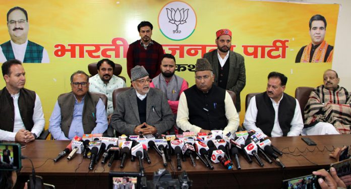 BJP MP (RS), Gulam Ali Khatana and other senior leaders at a press conference at Jammu on Saturday. -Excelsior/Rakesh