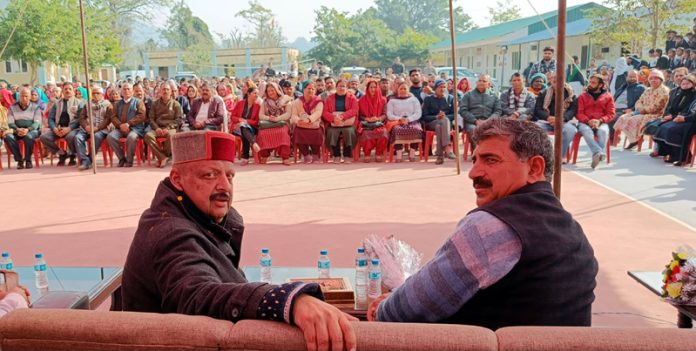 BJP leaders, MP Jugal Kishore Sharma and former MLA, Devender Singh Rana during a party programme at Dansal in Nagrota constituency on Saturday.