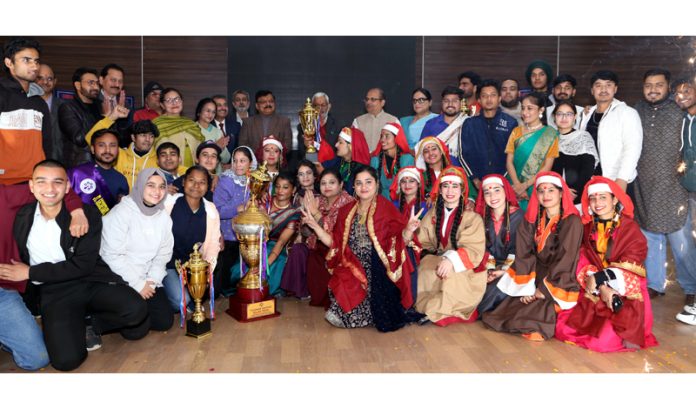 Winners of Yuvtarang - 2023 with Overall Trophy at the valedictory ceremony on Tuesday.