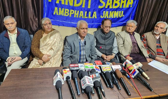 KP Sabha president KK Khosa along with other office bearers during a press conference at Jammu. -Excelsior/Rakesh