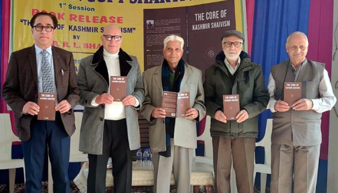 Scholars releasing Dr R L Bhat’s ‘The Core of Kashmir Shaivism’ at Barnai, Jammu on Sunday.