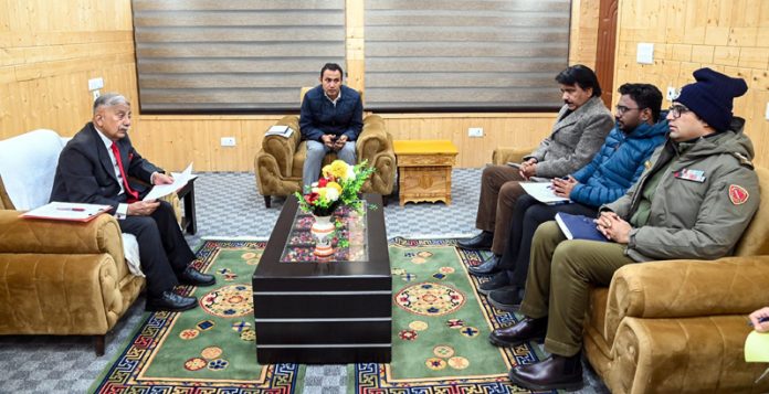 Former CEC and Councillor Feroz Khan in a meeting with LG Ladakh BD Mishra in Kargil on Tuesday.