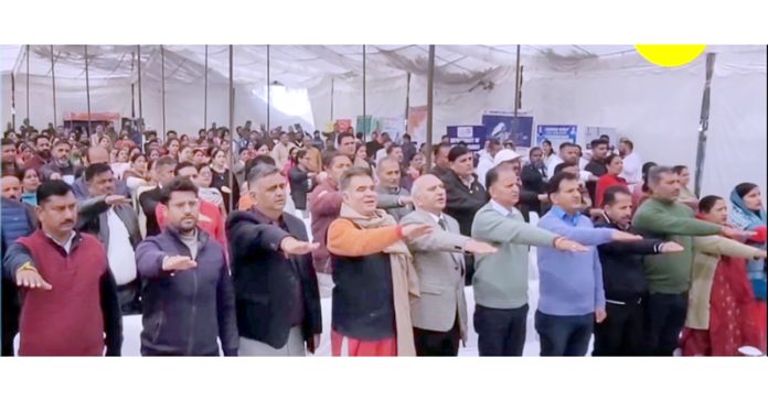 BJP activists and leaders led by party J&K UT president, Ravinder Raina taking a solemn oath during Viksit Bharat Sankalp Yatra at Vijaypur in Samba on Tuesday.