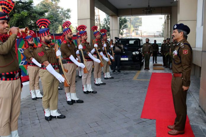 DGP RR Swain receiving a guard of honour at GRP Headquarters in Jammu on Wednesday.