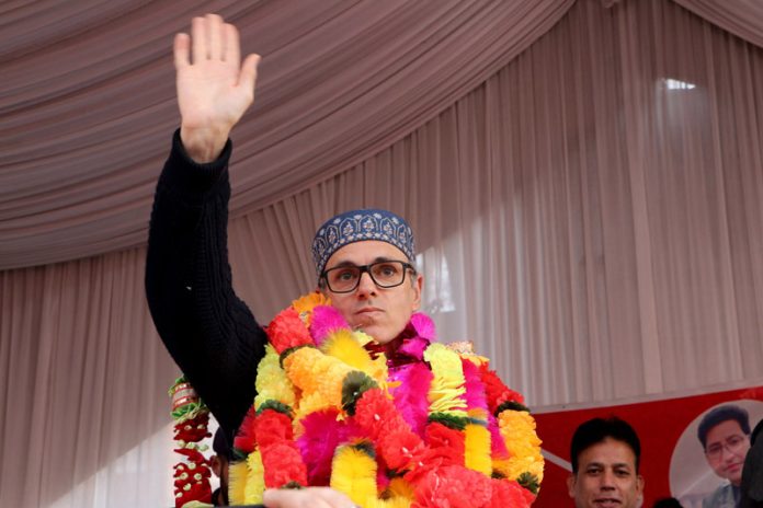 National Conference Vice president and Former Chief Minister J&K Omar Abdullah addressing a public gathering at Devsar on Saturday. (UNI)
