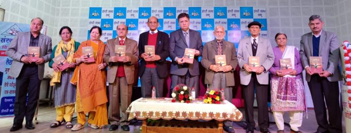 Dignitaries releasing Dogri novel ‘Namit’ at Jammu on Sunday.