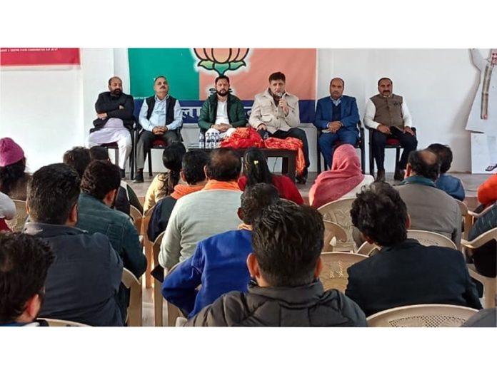 BJP chief spokesperson, Sunil Sethi addressing a meeting of party activists and leaders at Kathua on Sunday.