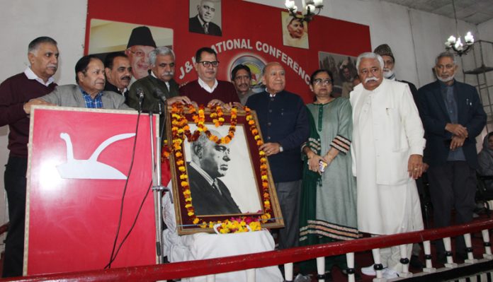 Rich tribute being paid to Sheikh Abdullah by party leaders and workers in Jammu on Tuesday.