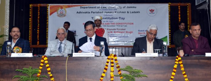 CJ N Kotiswar along with VC JU Prof Umesh Rai and other dignitaries during a function at University of Jammu.