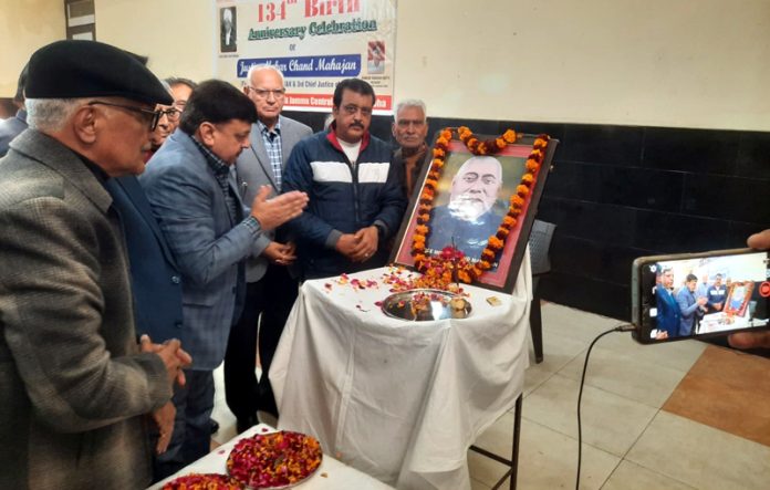 Tribute being paid to Justice Mehar Chand Mahajan during a function in Jammu Saturday. -Excelsior/Rakesh