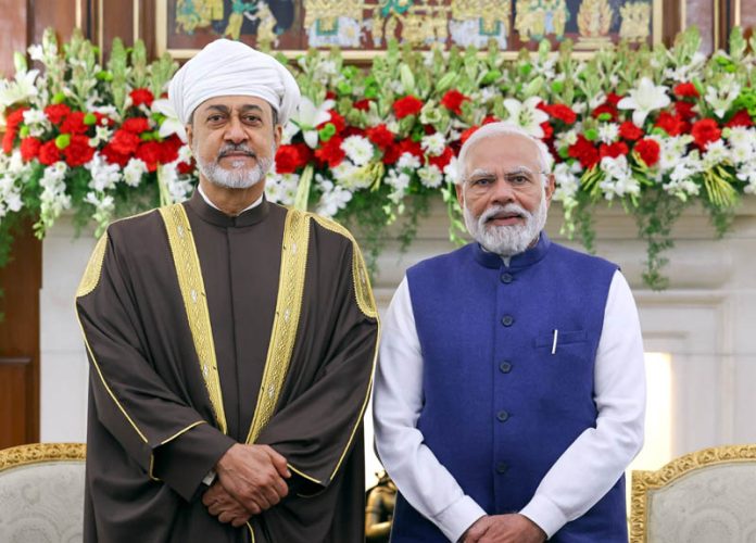 Sultan Haitham Bin Tarik of Oman with Prime Minister Narendra Modi at bilsteral meeting at Hyderabad, in New Delhi on Saturday. (UNI)