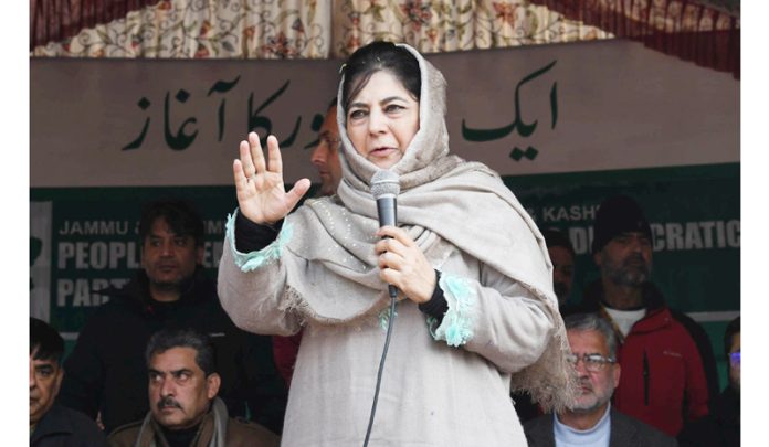 People’s Democratic Party supremo Mehbooba Mufti addressing the workers’ convention, at Peerbagh, in Budgam district on Tuesday. (UNI)