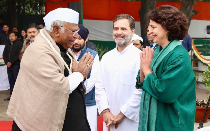 Congress President Mallikarjun Kharge with party leaders Rahul Gandhi and Priyanka Gandhi Vadra at the party's Foundation Day function at AICC headquarters in New Delhi on Thursday. (UNI)