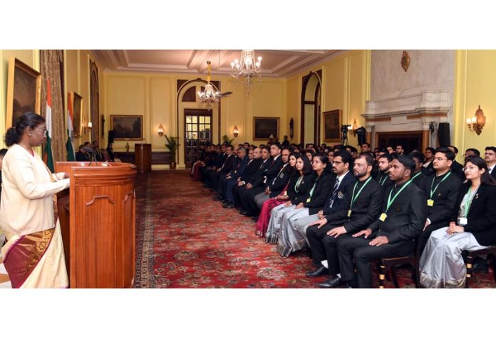 President Droupadi Murmu addressing Probationers of Indian Audit and Accounts Service, Indian Revenue Service (Customs and Indirect Taxes) and Indian Statistical Service at Rashtrapati Bhavan, in New Delhi on Tuesday. (UNI)