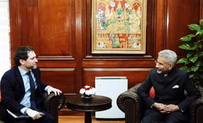 External Affairs Minister S. Jaishankar with Principal Deputy NSA of the US Jon Finer during a meeting, in New Delhi, on Monday.