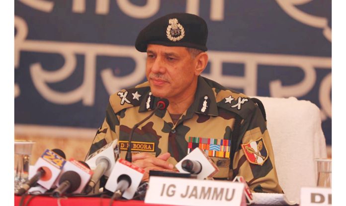 IG BSF Jammu Frontier D K Boora addressing a press conference in Jammu on Tuesday. (UNI)