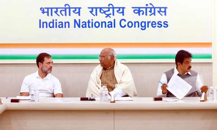 Congress President Mallikarjun Kharge with party leaders Rahul Gandhi and KC Venugopal holds a meeting with Bihar Congress leaders at AICC headquarters, in New Delhi on Tuesday. (UNI)