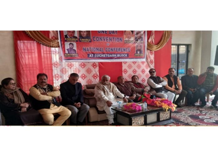 Senior NC leaders Ajay Sadhotra, Rattan Lal Gupta and others during party meeting in Suchetgarh on Tuesday.