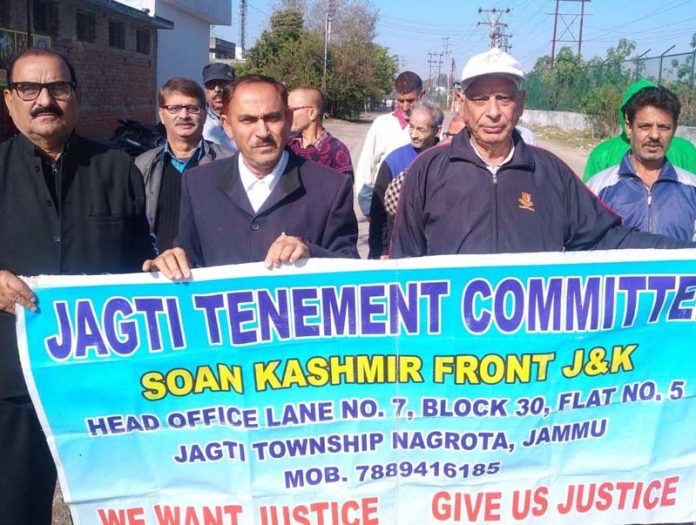 Activists of JTC and SKF protesting at Jagti township on Sunday.