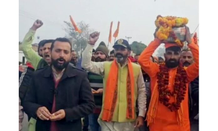 Devotees of Lord Shri Ram taking out Akshat Kalash Yatra in Khour area of Chhamb Assembly Constituency on Friday.