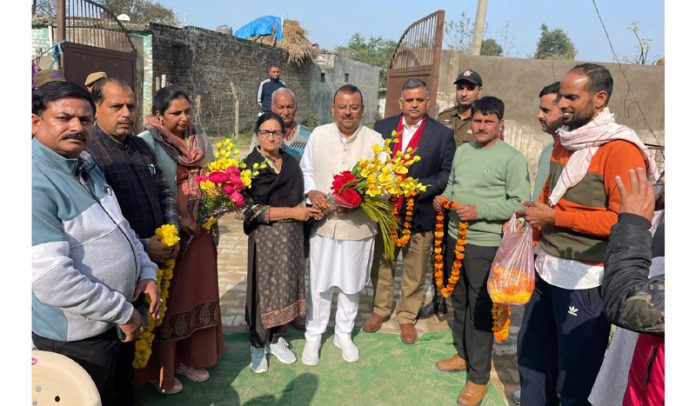 BJP senior leader and former Minister, C P Ganga, senior leader, Jai Ram, BDC members and Sarpanchs during Viksit Bharat Sankalp Yatra at a Purmandal village on Monday.
