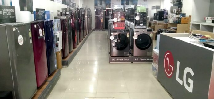 Refrigerators and other electronic products at display in new showroom of Space Age Technologies in Jammu on Tuesday.
