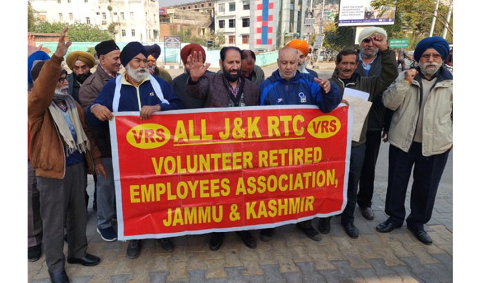 VRS employees of JKRTC during a protest demonstration in Jammu on Friday.