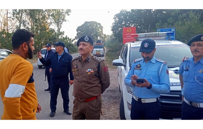 SSP Traffic Rural Vinay Kumar during supervision of traffic nakas on Samba-Kathua Highway on Saturday.