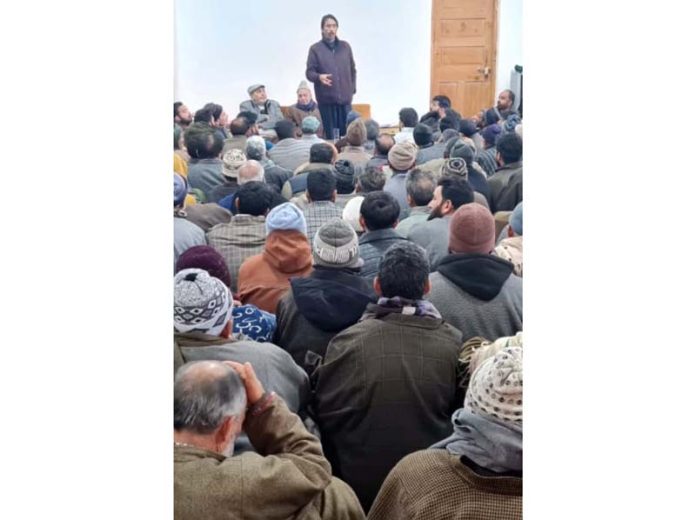 Former PCC president, GA Mir addressing party meeting in Verinag area of Anantnag on Monday.