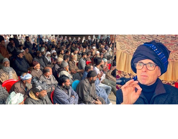 NC vice president Omar Abdullah addressing a gathering at Tral in Pulwama on Thursday. -Excelsior/Younis