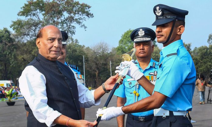 Defence Minister Rajnath Singh during the Combined Graduation Parade at the Air Force Academy, in Dundigal on Sunday.