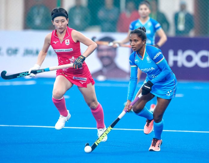 India and Japan players in action during a FIH Qualifier match at Ranchi.