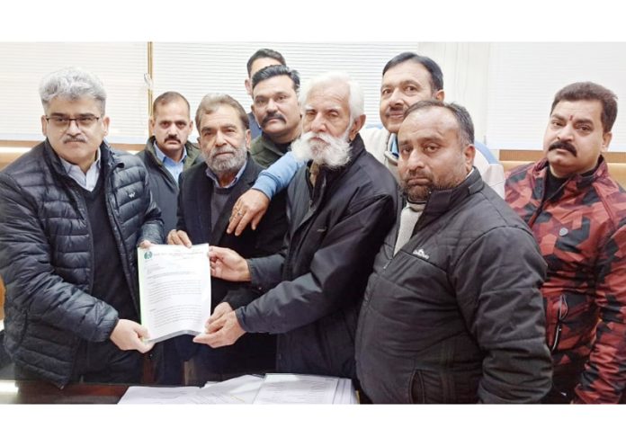 A delegation of PHE employees presenting a charter of demands to Chief Secretary Atal Dulloo in Jammu on Monday.