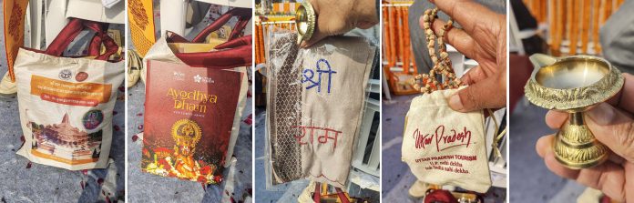 Ayodhya: (L-R) A bag featuring an image of Ayodhya's Ram temple which contained a book on Ayodhya, a scarf bearing the name of Lord Ram', a special 'mala' and a metal 'diya', all of which were gifted to the guests who attended the 'Pran Pratishtha' ceremony of Ayodhya's Ram temple, in Ayodhya.