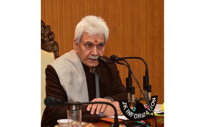 LG Manoj Sinha chairing a high-level meeting in Jammu on Thursday.