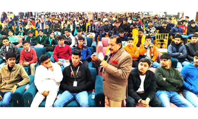Union Minister Dr Jitendra Singh interacting with first time voters during a function at Udhampur on Thursday.