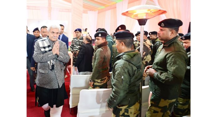 LG Manoj Sinha interacting with Army personnel at Raj Bhawan, Jammu on Sunday.