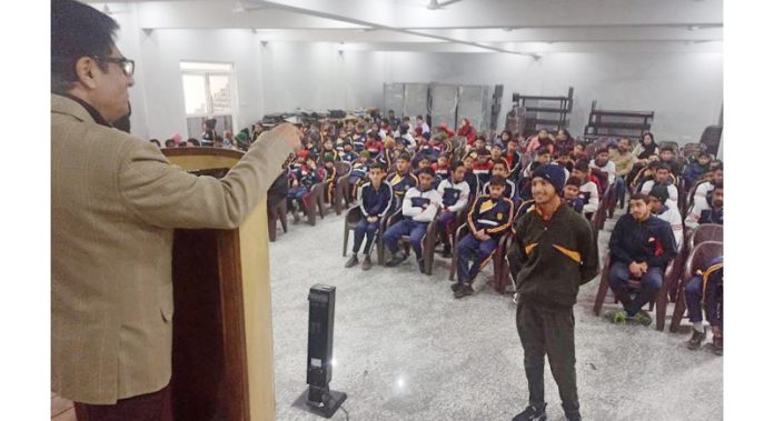 Former DGP & CVC, J&K, Kuldeep Khoda delivering a lecture to the students in Jammu on Sunday.