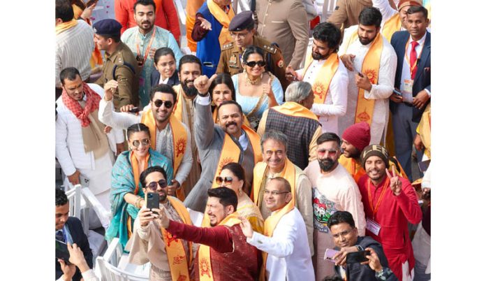 Directors Rohit Shetty and Rajkumar Hirani with actors Ranbir Kapoor, Alia Bhatt, Vicky Kaushal, Katrina Kaif, Madhuri Dixit Nene and others at the Ram Mandir during the 'Pran Pratishtha' ceremony, in Ayodhya on Monday. (UNI)