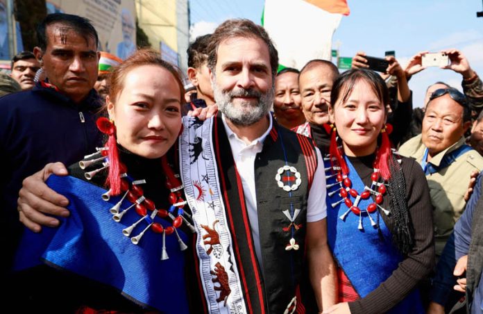 Congress leader Rahul Gandhi meeting people during his Bharat Jodo Nyay Yatra at Mokokchung in Nagaland on Wednesday. (UNI)