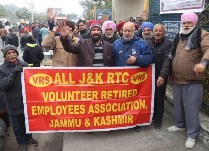 All J&K RTC Volunteer Retired Employees Association protesting in Jammu. -Excelsior/Rakesh