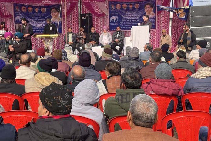 A speaker addressing a gathering during a function organized to celebrate birthday of Mayawati in Bari Brahmna on Monday.