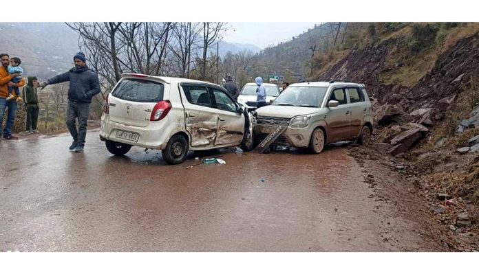 Remains of three cars that hit each other on Jammu-Poonch Highway on Wednesday.