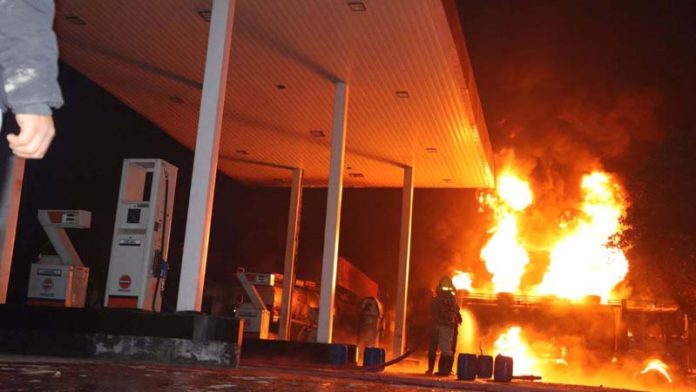 Flames emanating from a petrol pump that caught fire mysteriously at Rajpura in Samba district on Sunday.